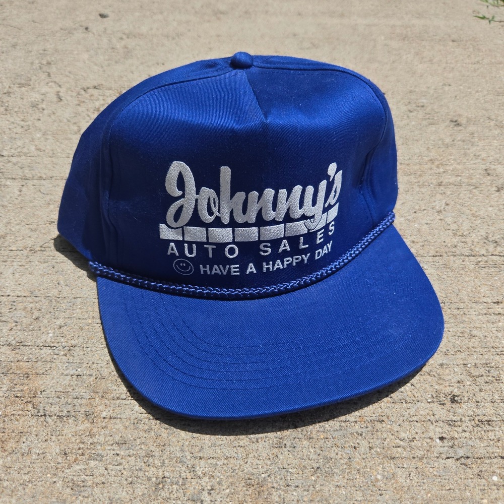VTG Happy Day Johnny Auto Sales Hat Blue Mens OSFA Rope Snapback Trucker Graphic